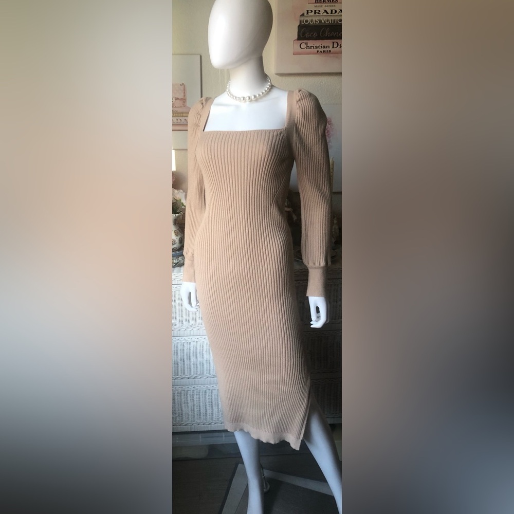 Lalavon Midi Bodycon Sweater Dress Low Cut Ribbed Knit Leg Slit in Tan Size S